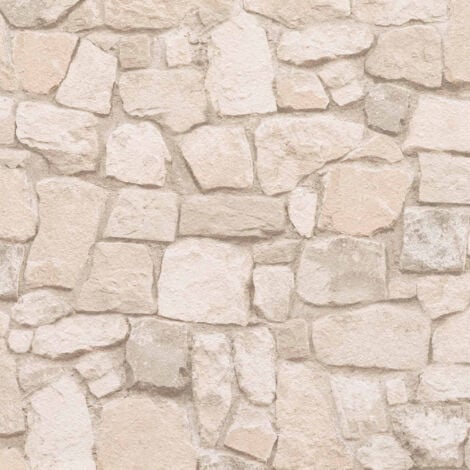 A.S. CREATIONS | Tapisserie beige clair imitation mur en pierre | Papiers peints parfaits pour cuisine & entrée - 10,05 x 0,53 m