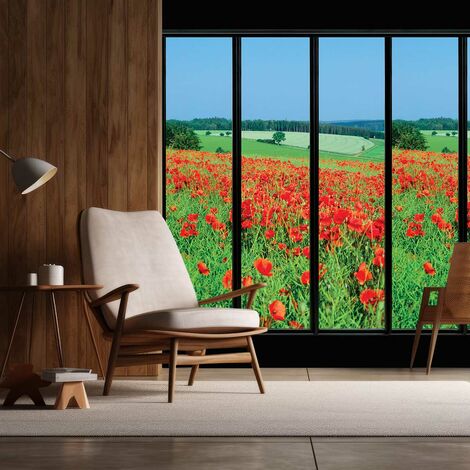 Papier peint, fenêtre sur coquelicots papier peint