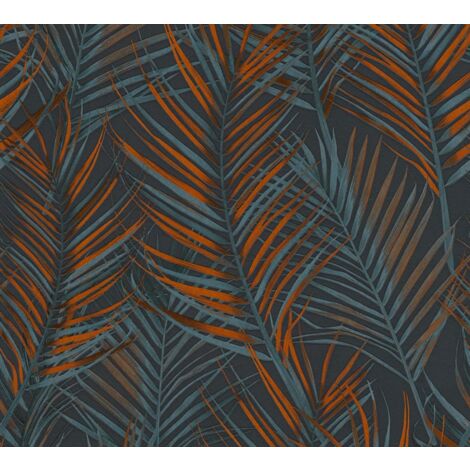 Papier peint feuillage bleu et orange sur fond bleu marine Tapisserie à feuilles de palmier Papier peint style exotique idéal bureau