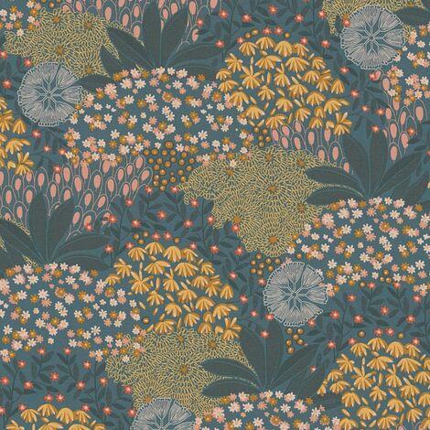 Papier peint feuillage bleu vert et orange Tapisserie florale style botanique Papier peint intissé nature idéal pour salon