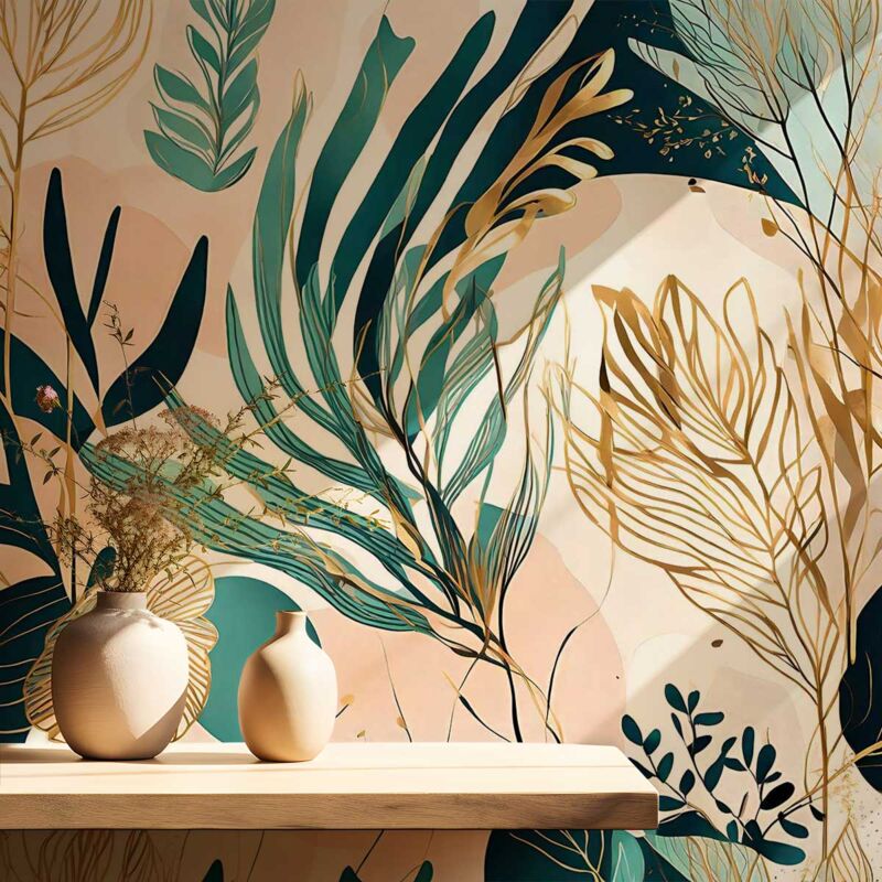 Papier peint feuillage dorée