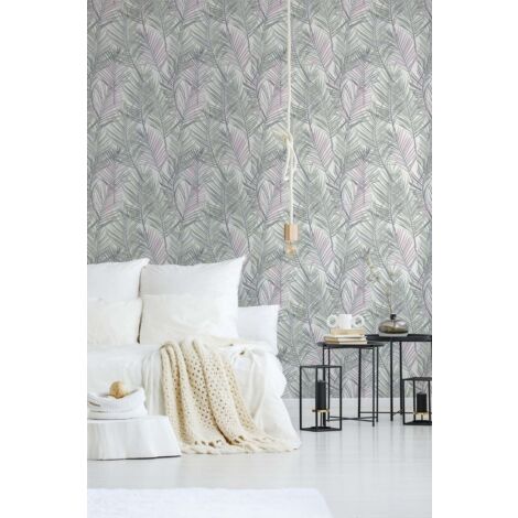 Papier peint feuillage vert et rose sur fond blanc Tapisserie végétale à feuilles de palmier Papier peint style exotique idéal chambre