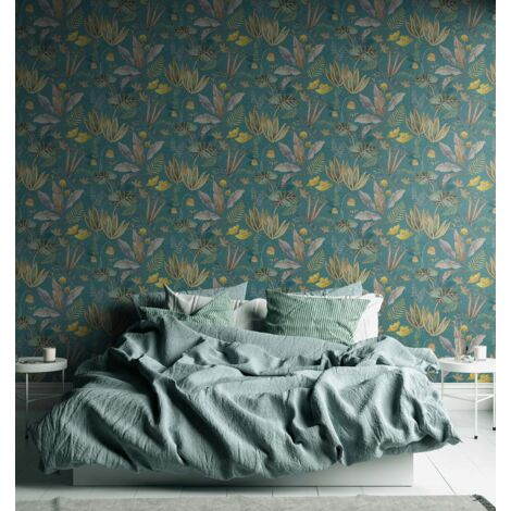 Papier peint feuillage, vert, jaune, fond vert  B393483