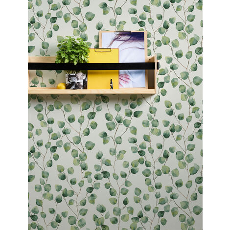 Papier peint feuille blanc & vert pour salon | Tapisserie cuisine motif feuille verte | Papier peint intissé aquarelle fleuri pour chambre - 10,05 x 0,53 m