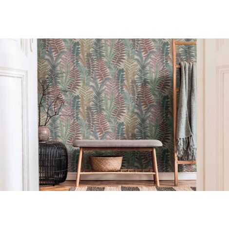 Papier peint feuille, vert, beige, bleu, tropical  B393471