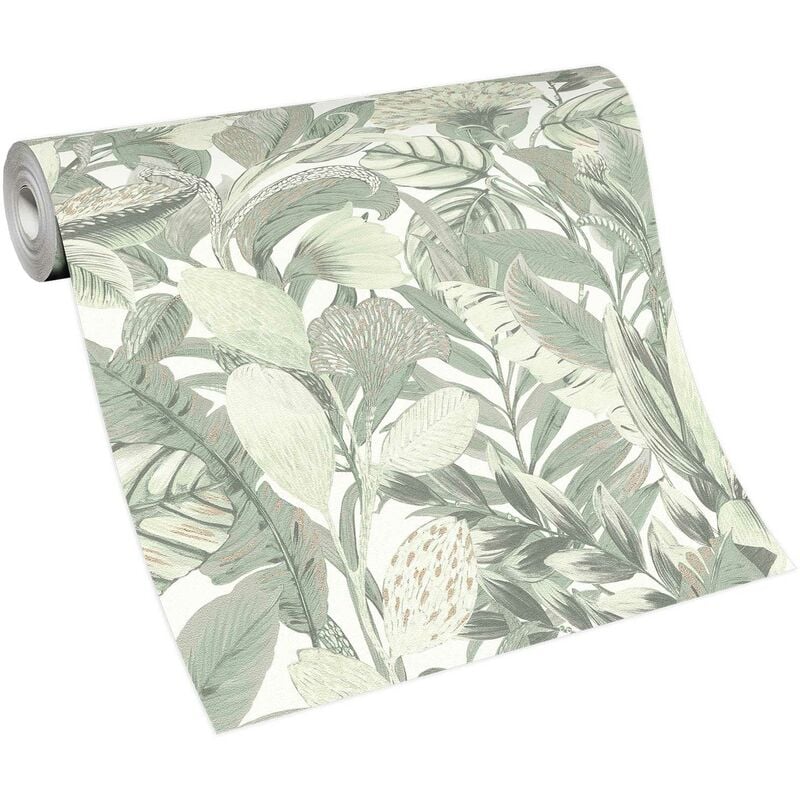 Papier peint feuille vert crème idéal salon | Tapisserie feuillage verte chambre adulte | Papier peint feuillage intissé couloir & bureau
