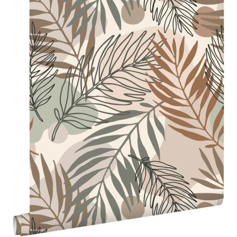 papier peint feuilles beige et vert grisé - ESTAhome