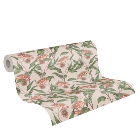 papier peint feuilles beige, vert et rouge  - Livingwalls