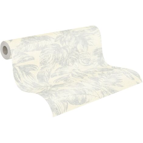 papier peint feuilles blanc, argent et beige crème  - A.S. Création