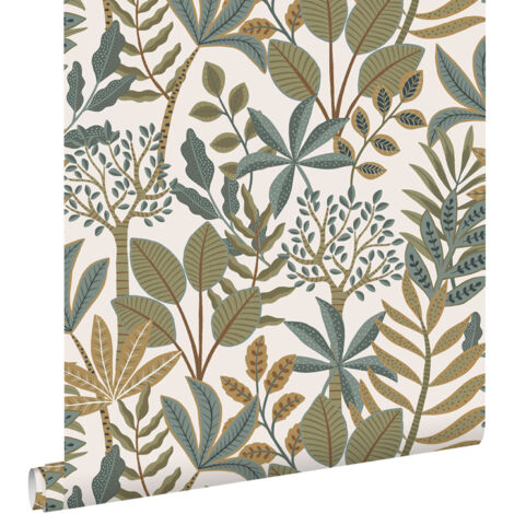 papier peint feuilles bleu grisâtre, vert olive grisé et jaune ocre - ESTAhome