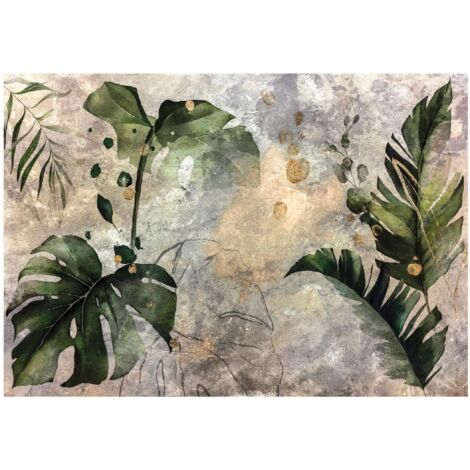 Papier peint feuilles de monstera béton vert gris décoration murale – 150 x 105 cm Wallarena