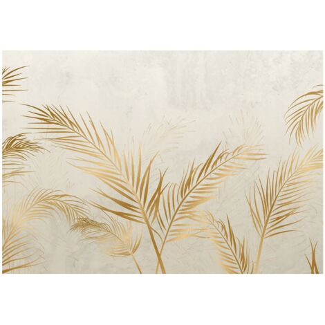 Papier peint feuilles de palmier et plumes sur béton, décoration murale – 150 x 105 cm Wallarena