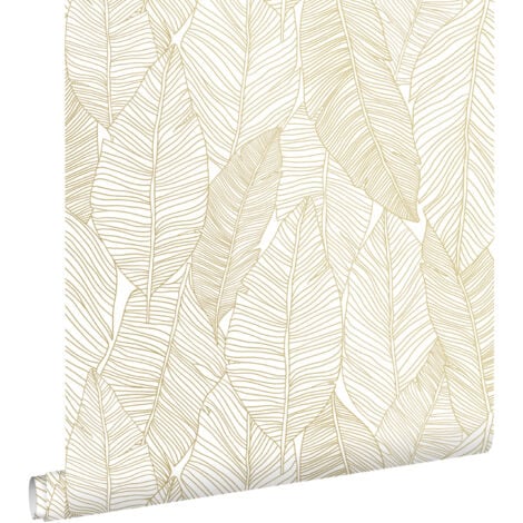 papier peint feuilles dessinées blanc et or  - ESTAhome