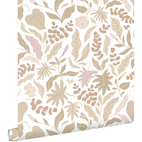 papier peint feuilles et fleurs beige et rose  - ESTAhome