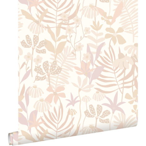 papier peint feuilles et fleurs tropicales beige  - ESTAhome