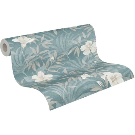 papier peint feuilles et fleurs tropicales bleu gris  - A.S. Création