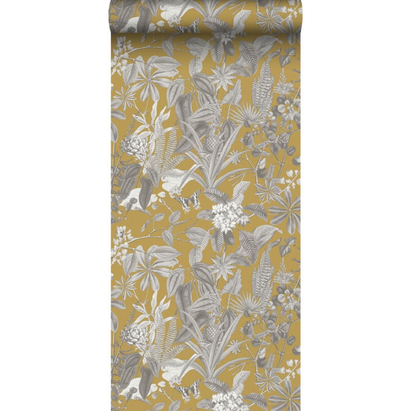 papier peint feuilles et fleurs tropicales jaune ocre et gris - Sanders & Sanders