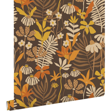 papier peint feuilles et fleurs tropicales marron et multicolore  - ESTAhome