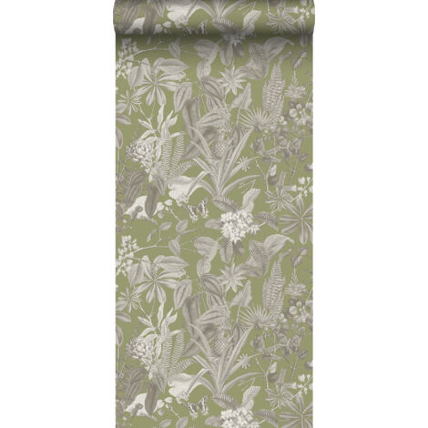 papier peint feuilles et fleurs tropicales vert grisé  - Sanders & Sanders