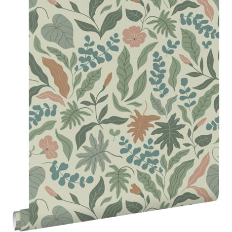 papier peint feuilles et fleurs vert foncé, bleu et rose  - ESTAhome