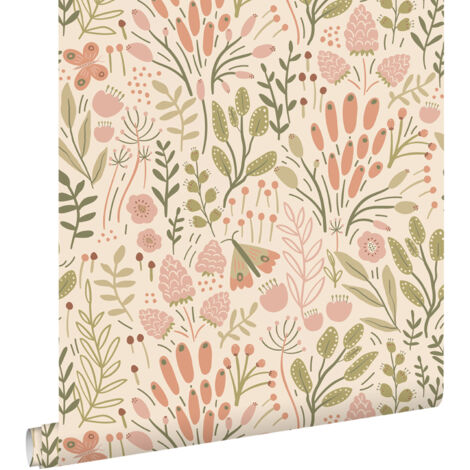 papier peint feuilles et fleurs vert olive grisé et terracotta  - ESTAhome