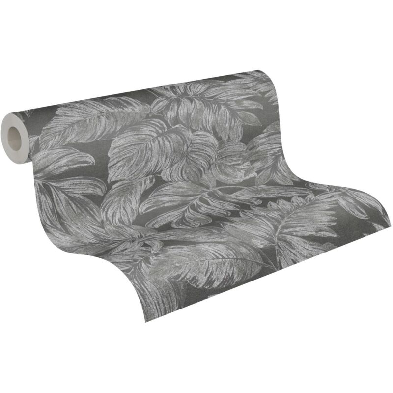 Papier peint intissé feuillage noir et gris Tapisserie fleurie style tropical pour salon Papier peint floral idéal pour chambre