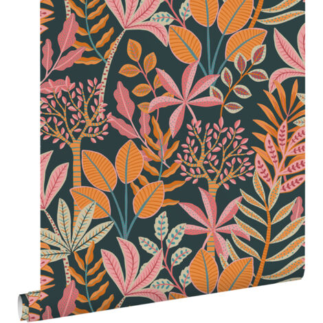 papier peint feuilles orange, rose et bleu foncé  - ESTAhome