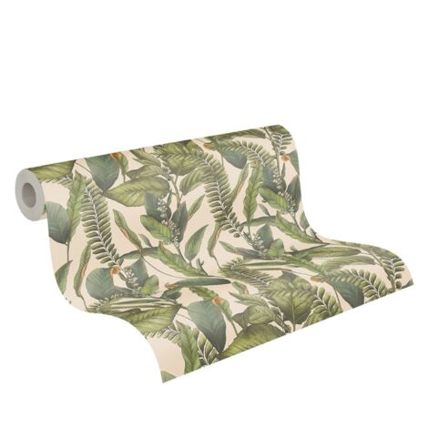 papier peint feuilles tropicales beige crème, vert et orange  - Livingwalls