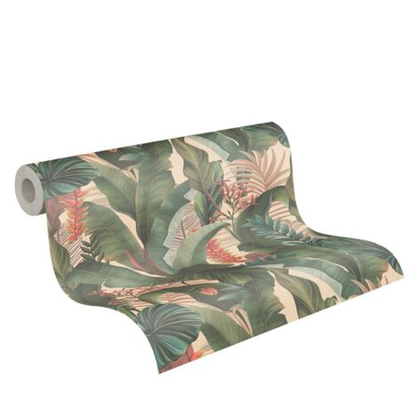 papier peint feuilles tropicales beige, vert, rose et rouge  - Livingwalls