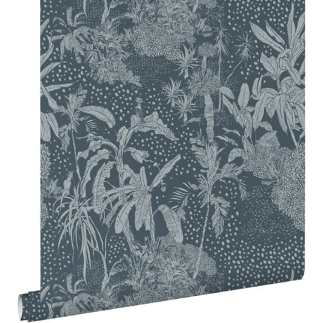 papier peint feuilles tropicales bleu gris  - ESTAhome
