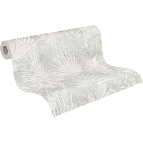 papier peint feuilles tropicales gris, beige et blanc  - A.S. Création