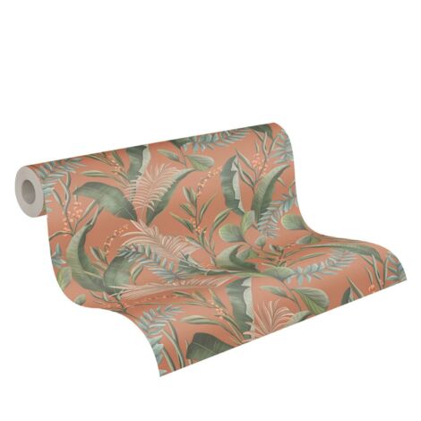 papier peint feuilles tropicales orange, rouge, vert, beige et rose  - Livingwalls