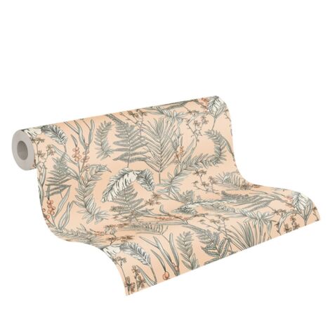 papier peint feuilles tropicales rose, beige, blanc, noir et orange  - Livingwalls
