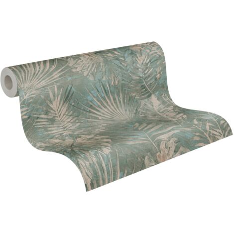 papier peint feuilles tropicales vert, bleu, beige et bleu canard  - A.S. Création