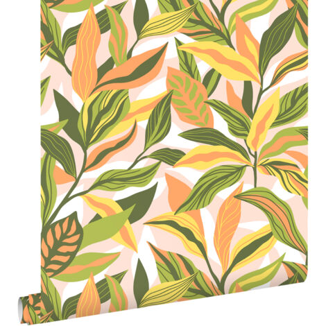 papier peint feuilles tropicales vert, orange et jaune  - ESTAhome