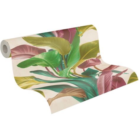 papier peint feuilles tropicales vert, vieux rose et bleu canard  - Livingwalls