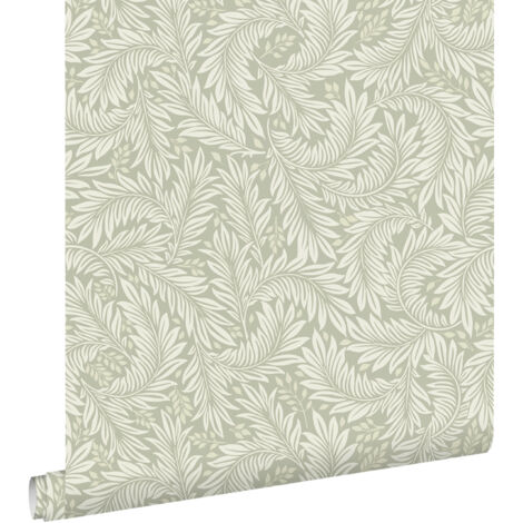 papier peint feuilles vert grisé clair - ESTAhome