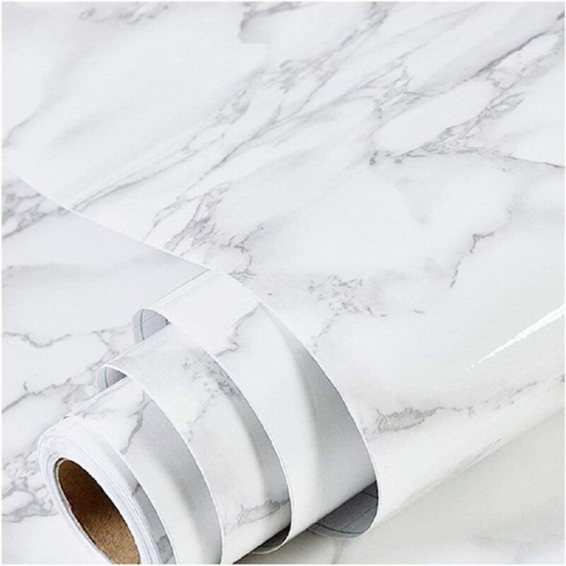 Papier Peint Film Rouleau Adhesif pour Meuble Cuisine Mural, Papier Autocollant pour Meuble Armoires Imperméable, Décoratif Revêtement Blanc Marbre