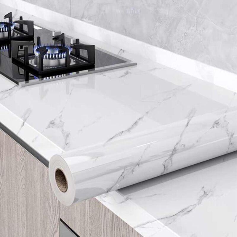 Papier Peint Film Rouleau Adhesif pour Meuble Cuisine Mural, Papier Autocollant pour Meuble Armoires Imperméable, Décoratif Revêtement Blanc Marbre