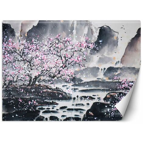 Papier peint fleur de cerisier avec un fond de montagne