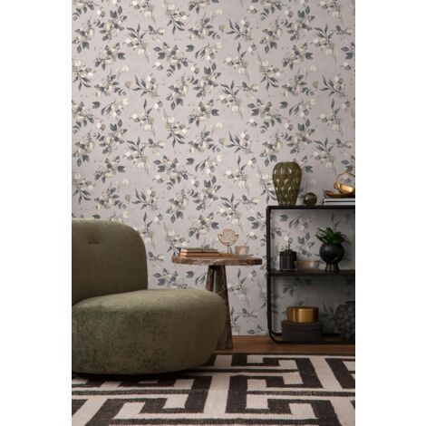 Papier peint fleur gris-beige, fond gris  B397684