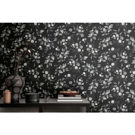 Papier peint fleur gris, fond noir  B397685