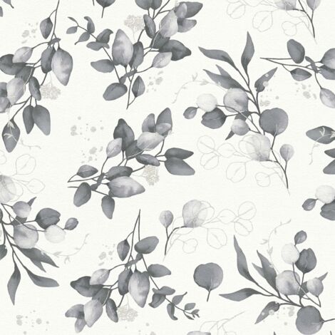 Papier peint fleuri gris, fond blanc  B397686