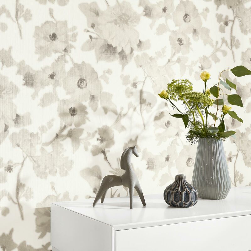 Papier peint fleuri gris salon & bureau | Tapisserie grise vintage motif floral chambre | Papier peint motif floral couloir & salle à manger