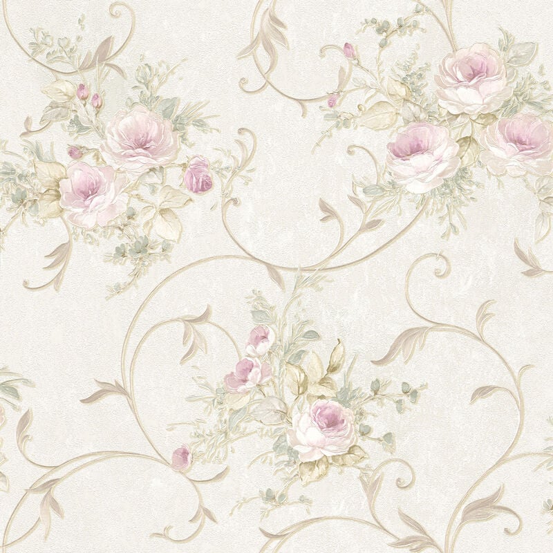 Papier peint romantique avec des roses au style nostalgique en intissé avec des motifs floraux au look antique en blanc rose