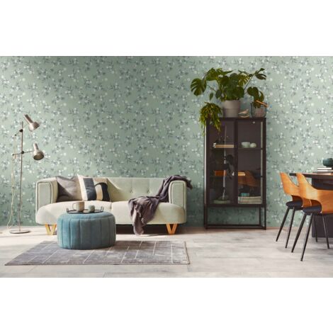 Papier peint fleurie, blanc vert, fond vert  B397687