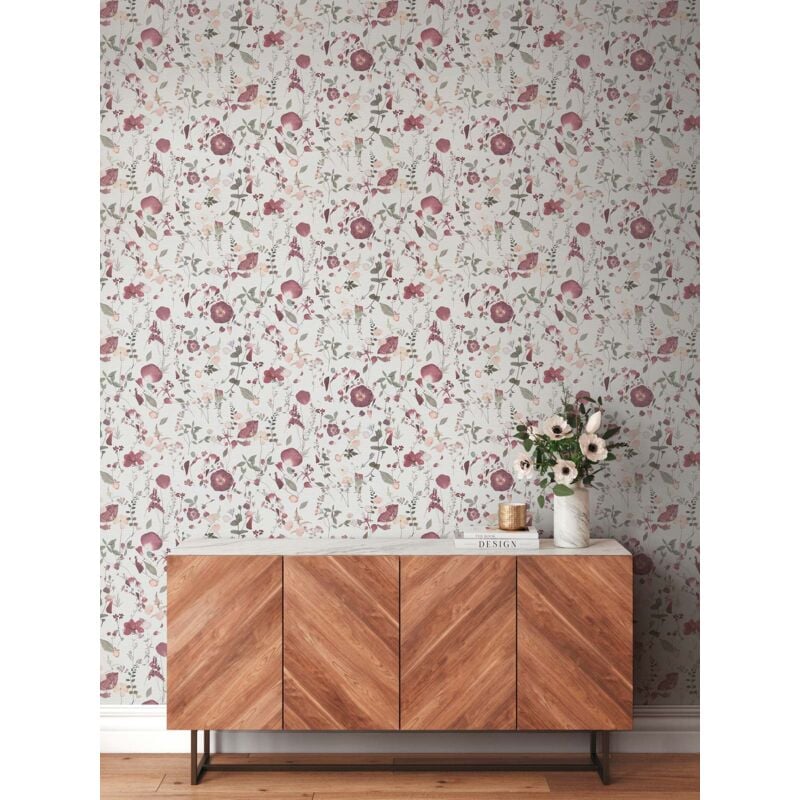 Papier peint fleurie, rose, jaune, ambiance champêtre, salon, cuisine, 397461