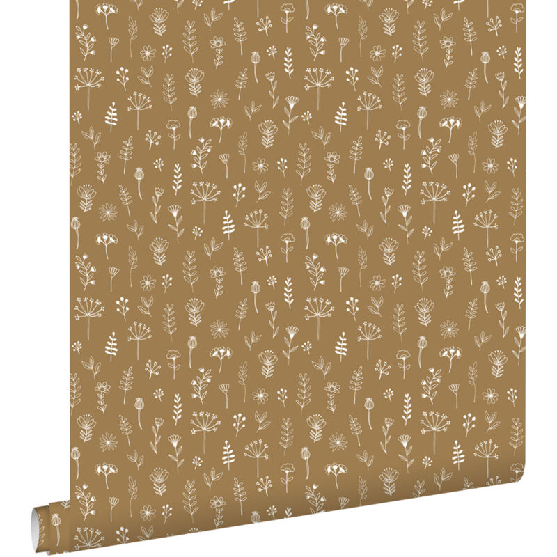 Papier peint fleurs jaune ocre et blanc Estahome