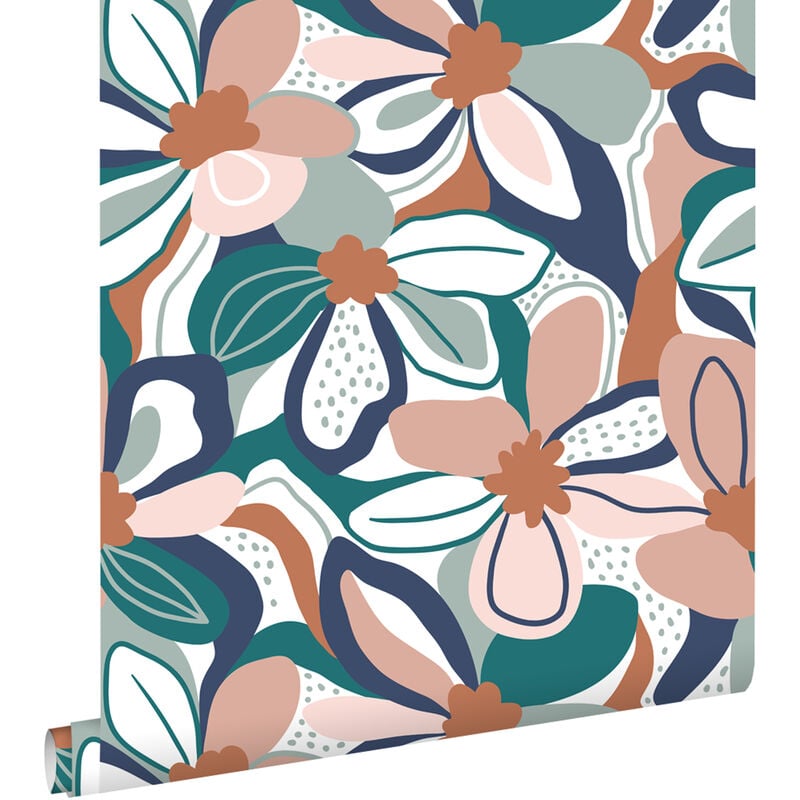 Estahome - papier peint fleurs rose clair, terracotta et bleu