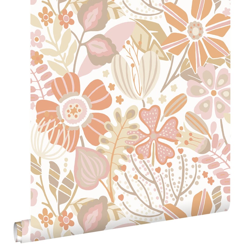 Papier peint fleurs rose lilas, terracotta claire et beige Estahome